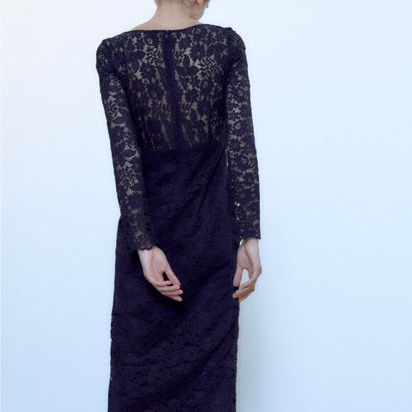 ZARA LACE MIDI DRESS NAVY BLUE - Picture 2 of 7